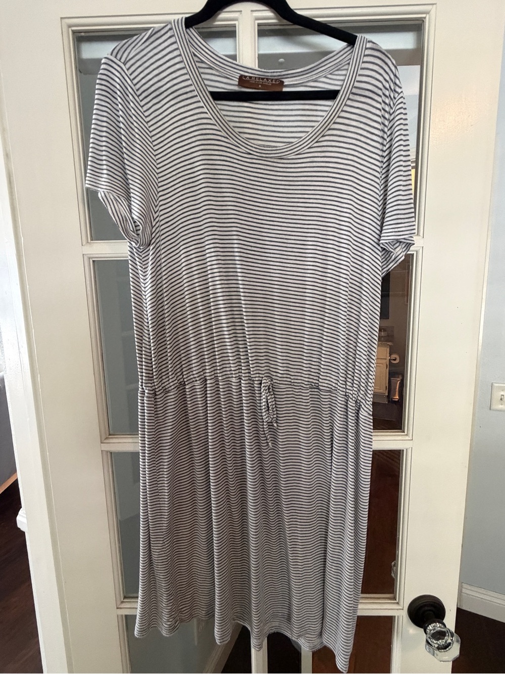 LA Relaxed Navy & White Striped Drawstring Jersey Midi Dress
